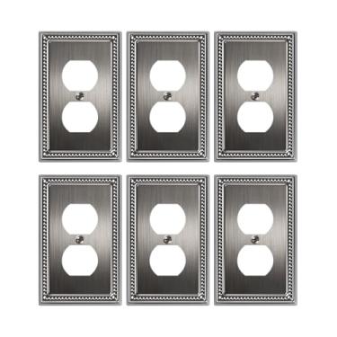 Imagem de TREEWELL Pacote com 6 capas de tomada duplex, placas de parede de metal prata antiga para tomadas elétricas, 1 capa de interruptor de luz de receptáculo de grupo, placas decorativas de pérolas e