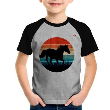 Imagem de Camiseta Raglan Infantil Cavalo Vintage Sunset - Foca na Moda, Cinza, 