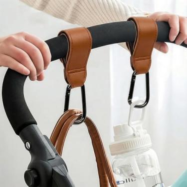 Imagem de 2 ganchos para carrinho de bebê, ganchos para pendurar bolsas de fraldas, ganchos multiuso para sacolas de compras de supermercado, tiras de couro vegano premium (marrom)