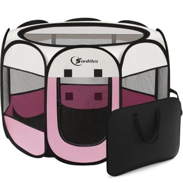 Imagem de Siedihit cercadinho rosa para cachorro e gato médio, gaiola para barraca de cachorro interna/externa, canil pop-up portátil com bolsa de transporte para coelhos, parte superior removível (ro