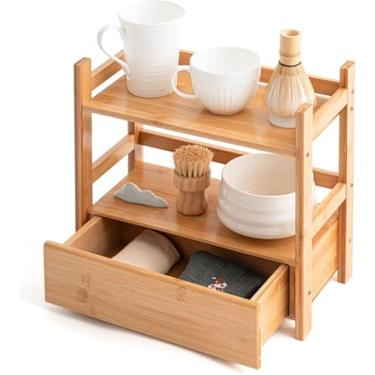 Imagem de TRIrunpdl Organizador de estação de bambu Matcha – Prateleira de bancada de banheiro de 2 camadas com gaveta oculta, suporte e suporte para acessórios de chá, canecas, xícaras, ideal para