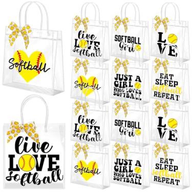 Imagem de Vicenpal 12 conjuntos de sacos de presente de softbol transparente com alças, 12 peças de laços, plástico PVC, softball, petiscos, 20 x 19 x 7,9 x 7,9 cm, lembrancinhas de festa com tema esportivo
