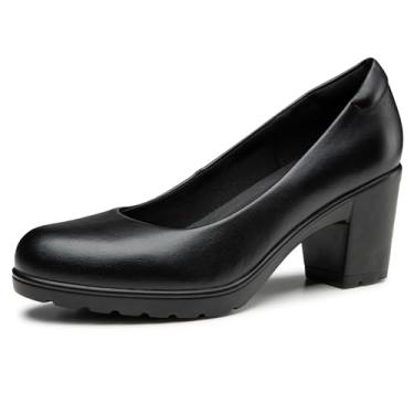 Imagem de Trary Sapato feminino grosso de salto baixo sem cadarço, confortável, clássico, bico redondo, para trabalho, casamento, escritório, sapatos femininos, Preto, 38