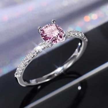 Imagem de Anéis solitários requintados de zircônia rosa de 4 garras para mulheres, noivado e casamento, joias elegantes, Cobre, Zircônia cúbica