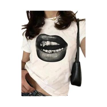 Imagem de Camiseta Feminina Esportiva De Verão Com Estampa De Lábios, Manga Curt