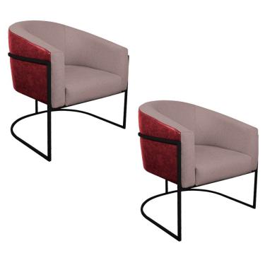 Imagem de Kit 02 Poltronas Base De Ferro Preto Vermelho E Linho Rosê