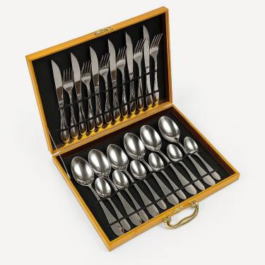 Imagem de Faqueiro 24 Peças Talheres em Inox e Maleta em MDF Aço Inox Espelhado para Mesa Dourado