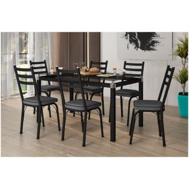 Imagem de Kit Conjunto Mesa de Jantar Malva Base 4118 6 Lugares Vidro Tampo Temperado Preto 140CM