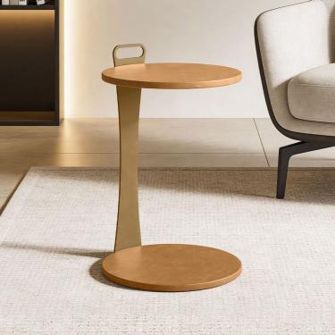 Imagem de Mesa Lateral Redonda Para Sala Living Orby L06 Couro Camel - Lyam Decor