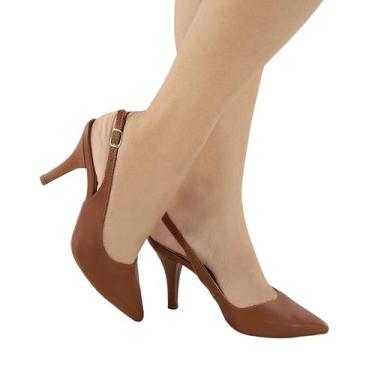 Imagem de Scarpin Aberto Atrás Feminino Slingback Bico Fino Salto Alto Cor:Caram