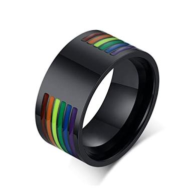 Imagem de DULLET Anel de aço inoxidável de cor preta para mulheres e homens, anel epóxi arco-íris orgulho gay joia de casamento, Metal, não conhecido