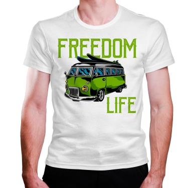 Imagem de Camiseta masculina branca Carro Van Kombi Surf Prancha Freedom Life Verde