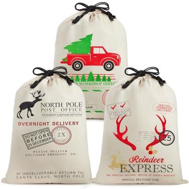 Imagem de JOYIN 3 sacos de presente de Natal de aniagem de Papai Noel com cordão 66 cm x 48 cm para armazenamento de pacote de Natal grande, suprimentos para festas de eventos, lembrancinhas de festa de Natal