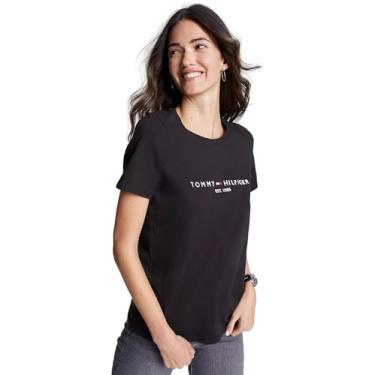 Imagem de Tommy Hilfiger Camiseta feminina de algodão de desempenho – Camisetas estampadas leves, Logotipo bordado preto escuro zibelina., PP