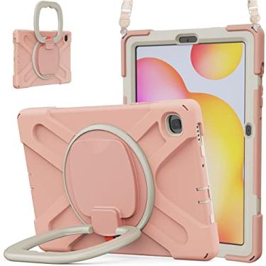 Imagem de Capa de rotação 360 para Samsung Galaxy Tab S6 Lite 26.4 cm capa resistente anel giratório suporte alça de transporte alça de mão resistente crianças adultos capa exterior (rosa)