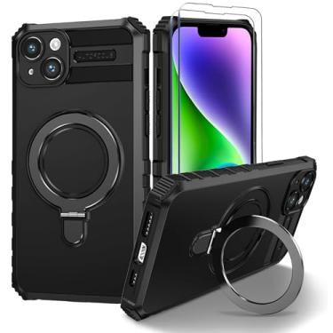 Imagem de Fudley Capa magnética para iPhone 15 Plus [compatível com MagSafe] com 2 protetores de tela de vidro temperado com suporte de anel, capa resistente de grau militar para iPhone 14 Plus de 6,7 polegadas preta