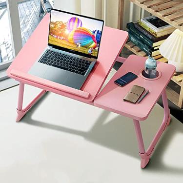 Imagem de Bandeja para laptop, mesa de mesa Asltoy, notebook, mesa dobrável e ajustável, mesa para laptop para cama, notebook, mesa, mesa portátil para cama, mesa de notebook e mesa multifuncional com suporte de copo (rosa)