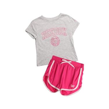 Imagem de Reebok Conjunto de shorts ativos para meninas - camiseta de manga curta e shorts de ginástica de malha com golfinho - conjunto esportivo para meninas (7-12), Rosa neon laser, 7