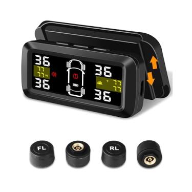 Imagem de Sistema de monitoramento de pressão de pneu atualizado com suporte destacado sem fio, sistema de monitor solar TPMS de pressão de pneu instalado no para-brisa com 4 sensores externos, exibição em
