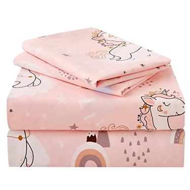 Imagem de JSD Jogo de lençol infantil de unicórnio rosa e lua completa, 4 peças, lindo lençol de microfibra estampado para meninas com bolso profundo