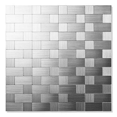 Imagem de Yipscazo 20 folhas de aço inoxidável descasque e cole Backsplash para cozinha, 30,5 cm x 30,5 cm, cole em telhas inteligentes de metal Backsplash para paredes de banheiro e lavanderia