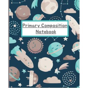 Imagem de Caderno de composição principal: diário de desenho e escrita infantil com linhas pontilhadas e espaço de imagem para séries K-2