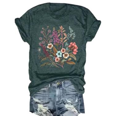 Imagem de Camiseta feminina com estampa de flores boêmias, vintage, estampa de flores silvestres, casual, botânica, manga curta, Verde - 2, M