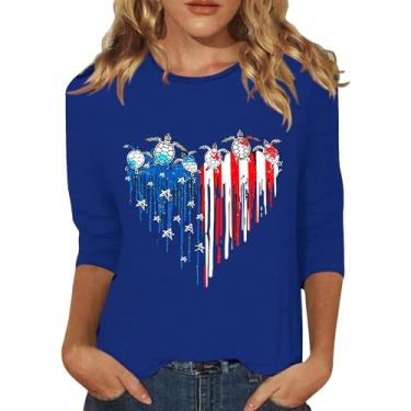 Imagem de Camisetas femininas 4th of July Star Stripes USA Festival Blusa manga 3/4 bandeira americana moda verão 2024, Azul, G