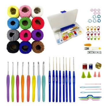 Imagem de Kit Crochê Trico Completo 16 Agulhas 12 Linhas De Algodão Coloridas Ma