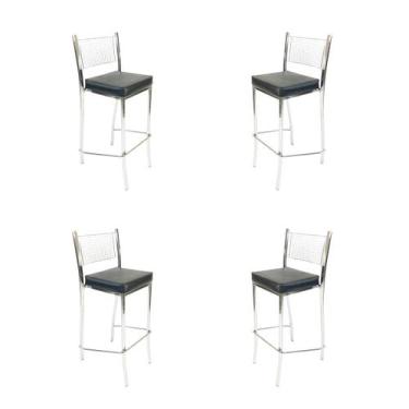 Imagem de Kit 4 Banquetas EMPILHÁVEL cromada Altura 65cm assento preto - Poltron