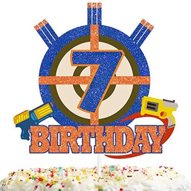 Imagem de Gun Target Cake Topper Pick for Boys Girls 7th Birthday Dart Bullet War Theme Party Decoration Supplies Gun Shooting Crosshairs Glitter Cake Decor for Cheer to 7 Years Old