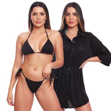 Imagem de Kit Saída de Praia Chemise Camisão Feminino + Biquini Cortininha de Am