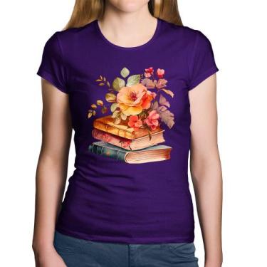Imagem de Baby Look Algodão Livros e flores - Foca na Moda, Roxo, G