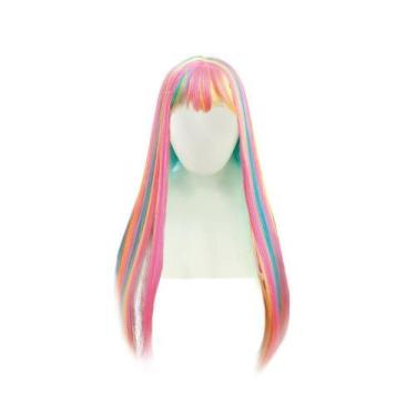 Imagem de Peruca Longa com Franja na Cor Rosa com Mechas Coloridas para Fantasia