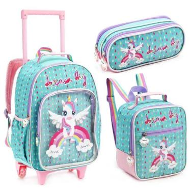 Imagem de Kit Mochila Infantil Escolar Rodinha Denlex Lancheira e Estojo do Unic