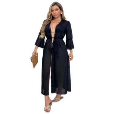 Imagem de Saída de praia longa pareô longa robe vestido - Rays moda, Preto, P