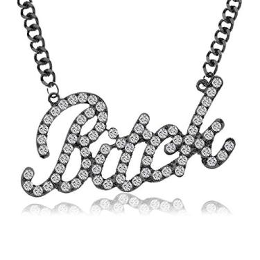 Imagem de Q&Q Fashion Celebridade Urbana Big Bling Bitch Colar Palavra Cristal Pavê Strass Corrente Grossa Melhor Amizade Joias Presente BFF, Diamante, Base folheada a ouro