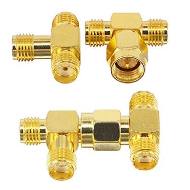 Imagem de BOOBRIE 4 peças adaptador coaxial RF SMA splitter kit SMA macho/fêmea para conector SMA fêmea duplo SMA 3 vias tipo T conversor de cabo de antena tripla para antena WiFi, cabo de extensão FPV drone