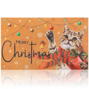 Imagem de Drydiet Capacho de Natal Coir Porta de Boas-vindas de Natal 45,7 x 76,6 cm Capacho Merry Christmas Farmhouse Tapetes de porta com borracha antiderrapante para porta da frente da casa (estilo gato