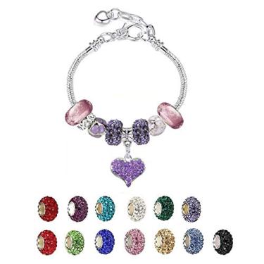 Imagem de Pulseiras Pandora de bétula branca com conjunto de berloques, ideias de presentes para meninas adolescentes, ajustáveis de 17 a 21 cm, joia de coração com cartão de presente Roxa