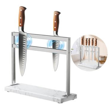 Imagem de HomeSimplex Suporte magnético de bloco de facas – suporte magnético com base de mármore para bancada – suporte magnético de dupla face – bloco de facas de cozinha de aço inoxidável sem facas – branco