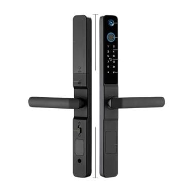 Imagem de Fechadura inteligente para porta de alumínio tuya, wi-fi, com câmera, à prova d'água, ip66, senha de impressão digital, cartão rfid, vidro eletrônico, fechadura para porta deslizante(Black3585-Long)