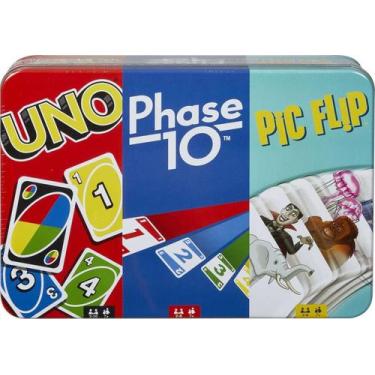 Imagem de Jogo de Cartas UNO, Fase 10 e Pic Flip - Mattel - 3 Jogos em Lata Deco