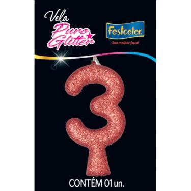 Imagem de Vela Puro Glitter Rose Gold N 3 - Embalagem com 1 unidade.
