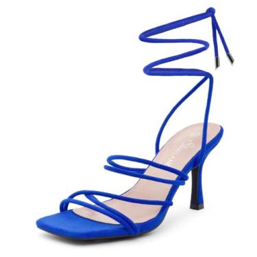 Imagem de Shoe Land SL-Lumi Salto feminino com cadarço, sandálias quadradas abertas de salto com tiras, salto alto de amarrar no tornozelo, salto agulha elegante para formatura, casamento e festa, Azul-real, 36