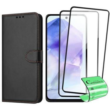 Imagem de Kit Capa Carteira Flip com 2 Películas de Proteção Cerâmica Compatível Samsung Galaxy A55 5G, Preto
