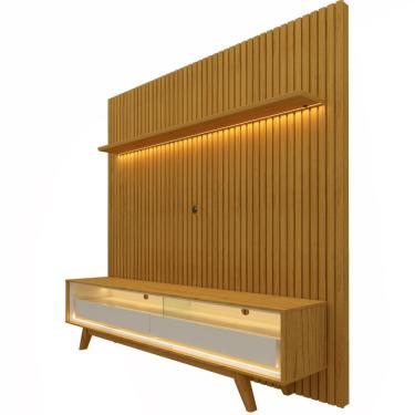 Imagem de Painel Gelius Nobre com ripas autênticas e Rack requinte com LED 100% mdf largura 185 cm para TV de 75 polegadas Naturale/OFF White