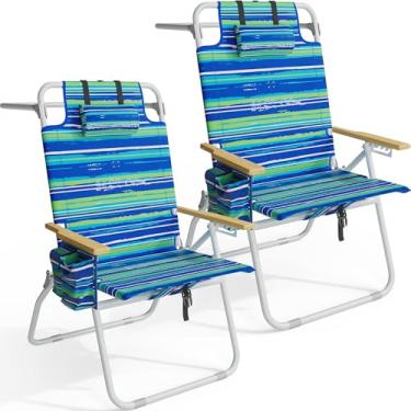 Imagem de Cadeiras de praia altas para adultos, cadeira de praia com mochila alta de 43 cm com apoios de braço de madeira, cadeira resistente reclinável de 5 posições com bolsa térmica grande, suporte para 158