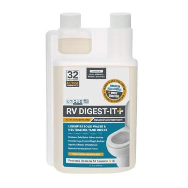 Imagem de Unique RV Digest-It Ultra - 32 tratamentos de banheiro super concentrados para trailers - Elimina odores e liquefaz resíduos, tratamento de tanque de retenção bioenzimático extraforte e fácil de medir
