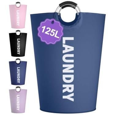 Imagem de IHOMAGIC Cesto de roupa suja dobrável de 125L com alças, cesto de roupa grande para quarto, cesto de roupa suja independente, cesto de roupa suja resistente para sala de estar, acampamento, azul